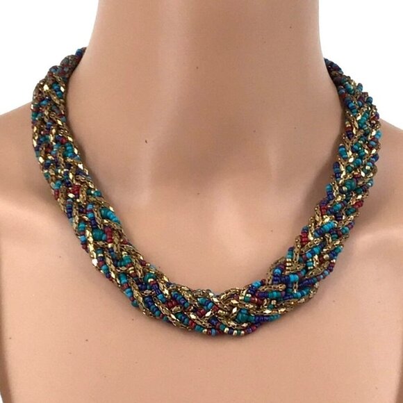 Jules Braided Necklace Beaded Chain Blue Red Boho Style - Picture 1 of 2